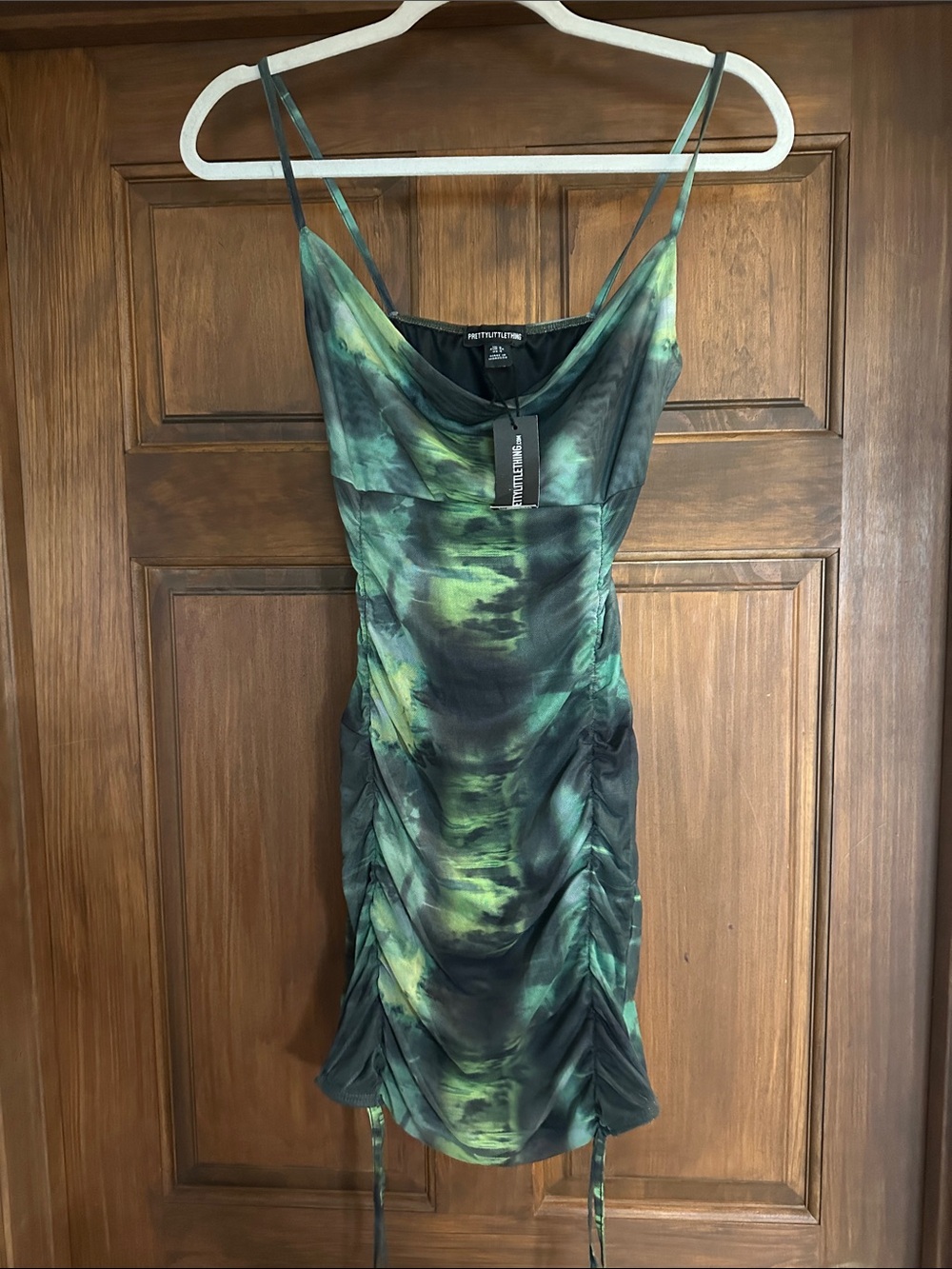 PrettyLittleThing Green Tie-Dye Cowl Neck Ruched Slip Dress